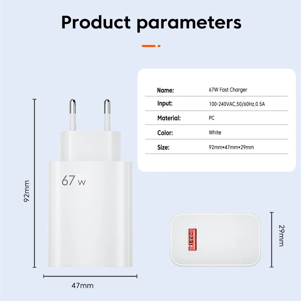 67W USB Fast Charger with Type-C Cable for Xiaomi & Redmi